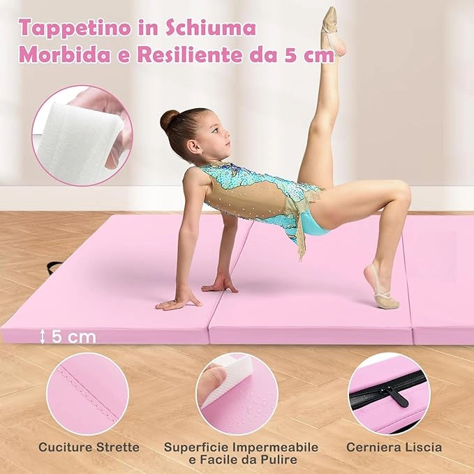 Tappetino per Ginnastica Pieghevole a 4 Pannelli con Maniglie, 300 x 117 x 5 CM, Tappetino in Ecopelle con Chiusure a Strappo per Ginnastica, Yoga, Stretching & Capriole