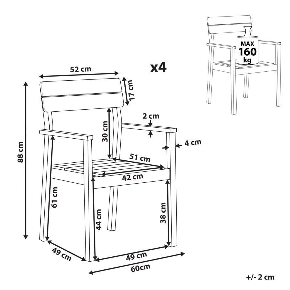 Set di 4 sedie da giardino in legno di acacia chiaro da esterno con braccioli in stile rustico
