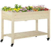Letto per Orto Rialzato in Legno con Rotelle e Ripiano Inferiore, 118x55x83cm, Legno Naturale