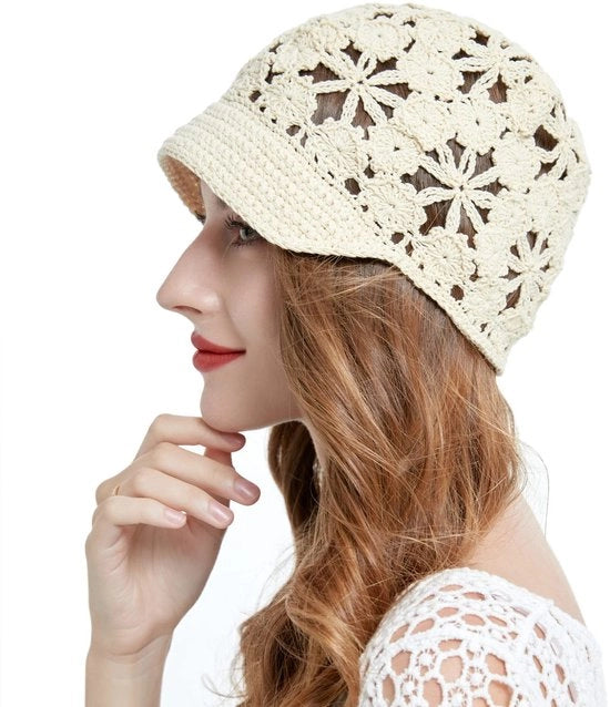 Cappello estivo a visiera con fiocco a mano - 100% cotone - respirante - unico modello 52-56 cm