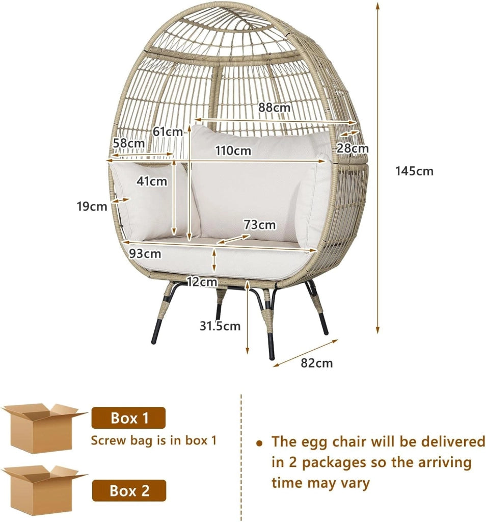 Poltrona da Esterno in Rattan Boho Chic, Portata fino a 180 kg Poltrona da Giardino con Cuscini, Sedia a Forma di Uovo con Struttura in Metallo, Divano per Soggiorno, Terrazza, Marrone