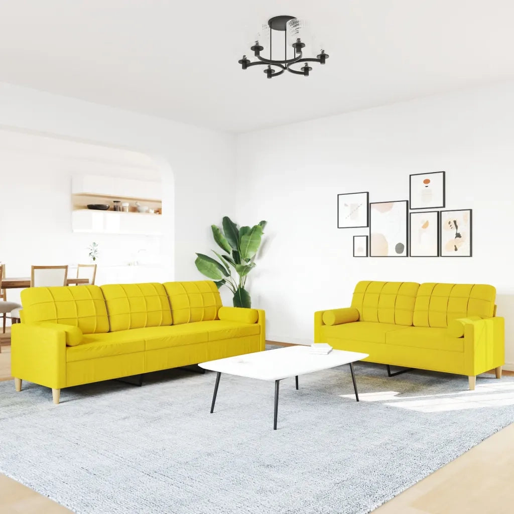 Set di Divani 2 pz con Cuscini Giallo Chiaro in Tessuto
