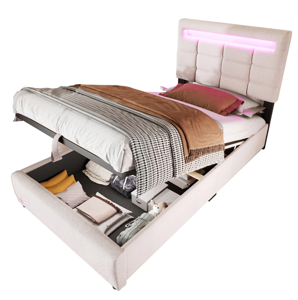 Letto imbottito 90x200 cm con contenitore idraulico e LED APP in lino