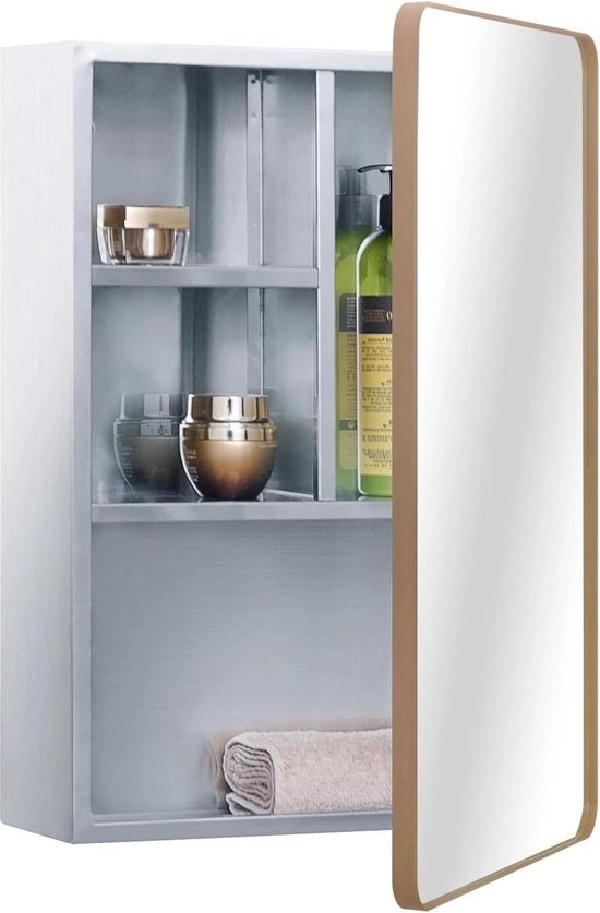 Specchio per bagno in acciaio inox - Porta rosé dorato - Multi-schermo - 37x53 cm