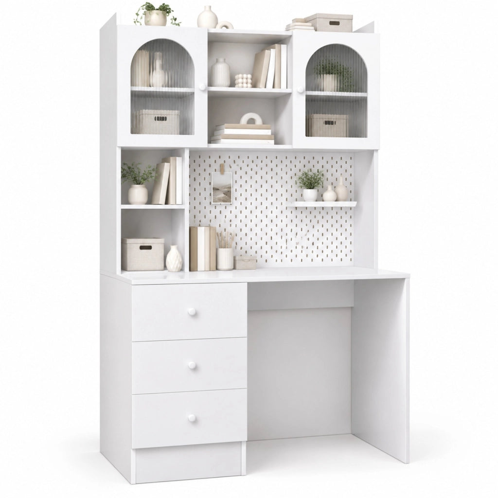Scrivania 100x55x180 cm bianca in MDF con 3 cassetti e libreria
