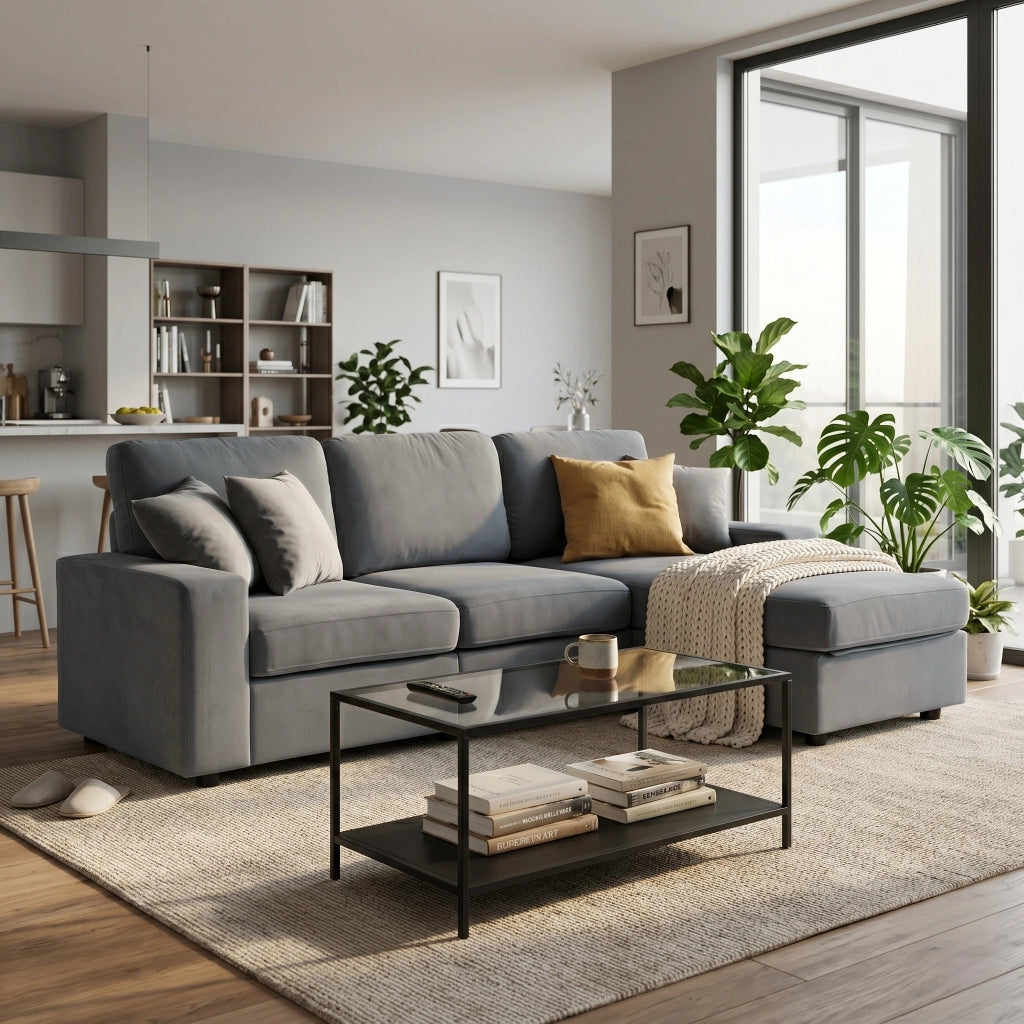 Divano angolare convertibile con contenitore, chaise longue reversibile in tessuto grigio
