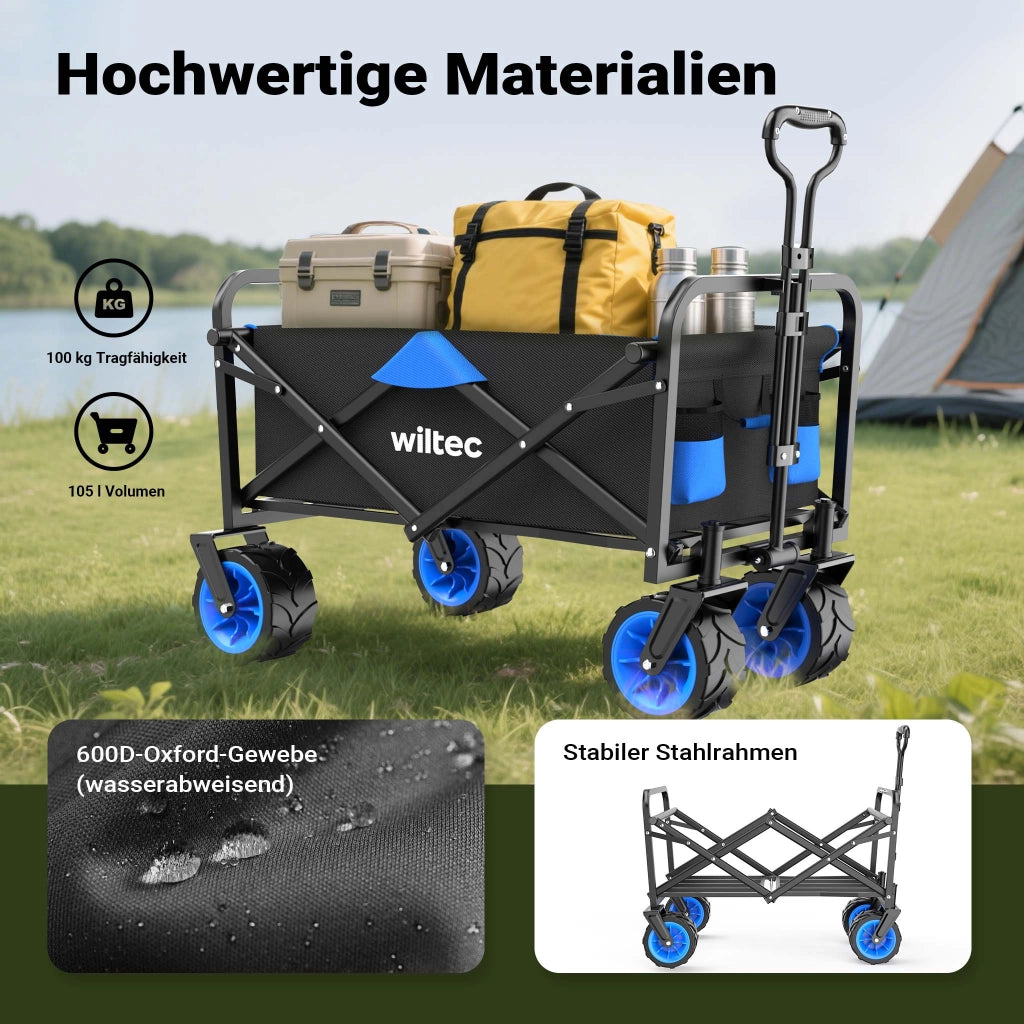 Carretto a mano pieghevole, max 100 kg, tessuto impermeabile nero-blu, carrello