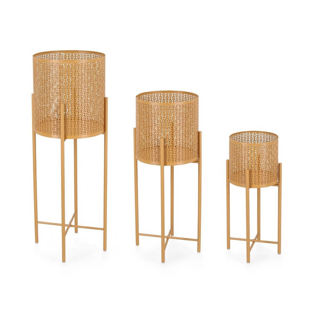 Set da 3 Porta Vaso Tondo in Metallo Traforato con Piedistallo - ARTISAN