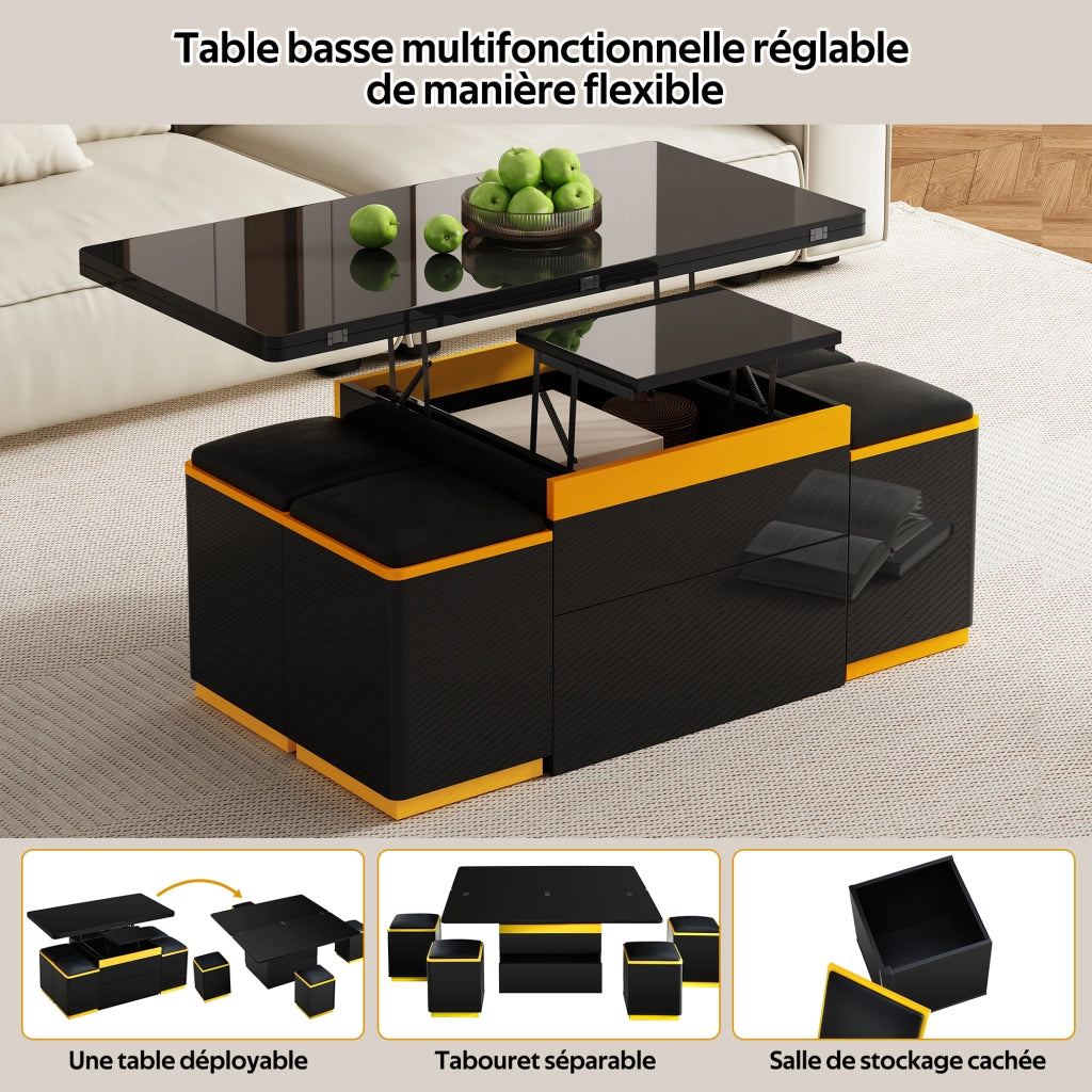 Tavolino Da Salotto Sollevabile con 4 Sgabelli e Contenitore; Piano Ribaltabile; Lucido Parziale; in MDF; 100×50×43 cm; Nero Giallo