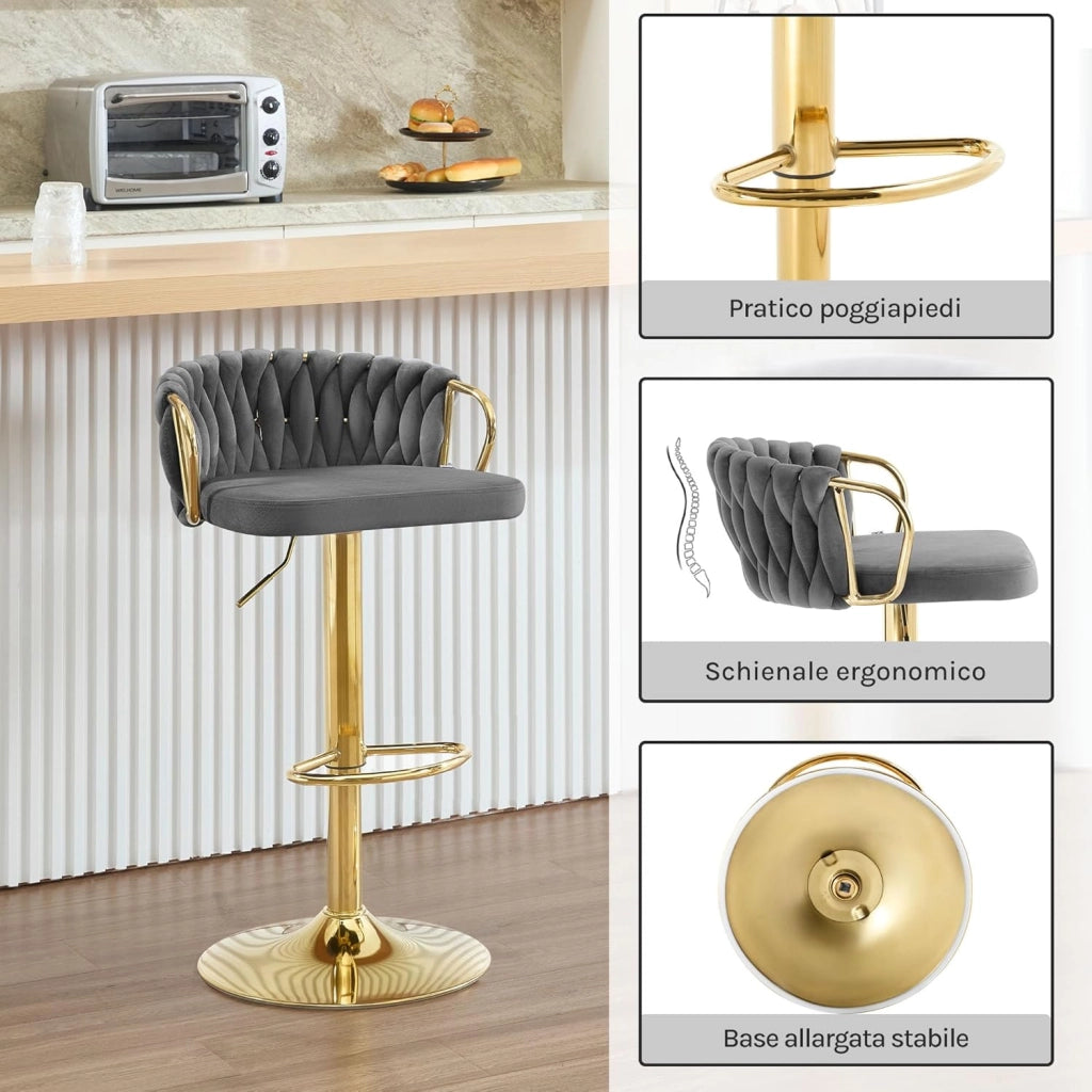 Sgabello da Cucina Altezza Regolabile, Sgabello da Bar in Velluto, Girevole a 360°, con Base in Metallo e Poggiapiedi, Nero