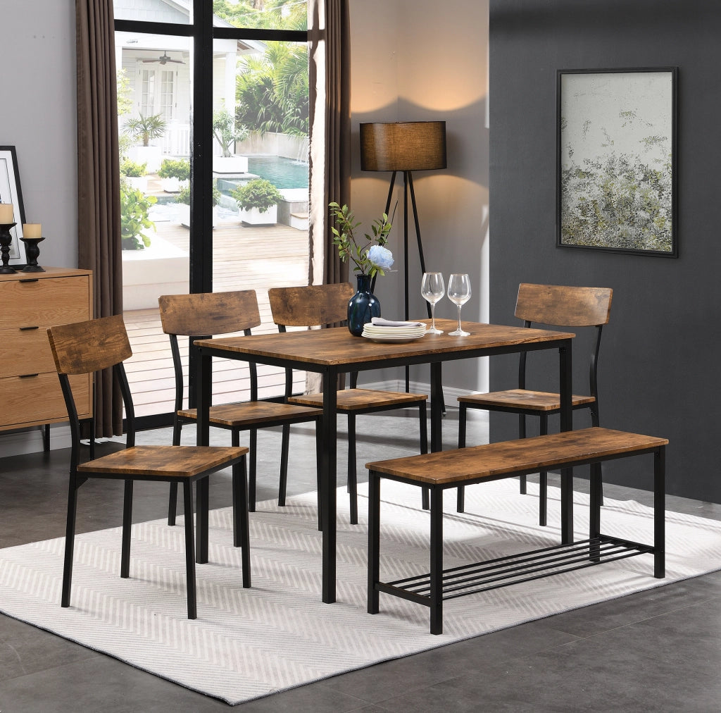 Set da pranzo industriale con tavolo, 4 sedie e panca, marrone e nero