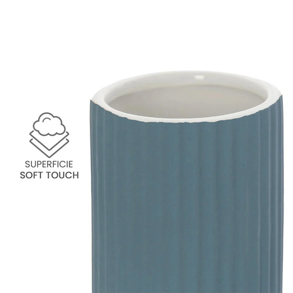 Set accessori bagno in ceramica blu con dispenser sapone e due portaspazzolini Spring