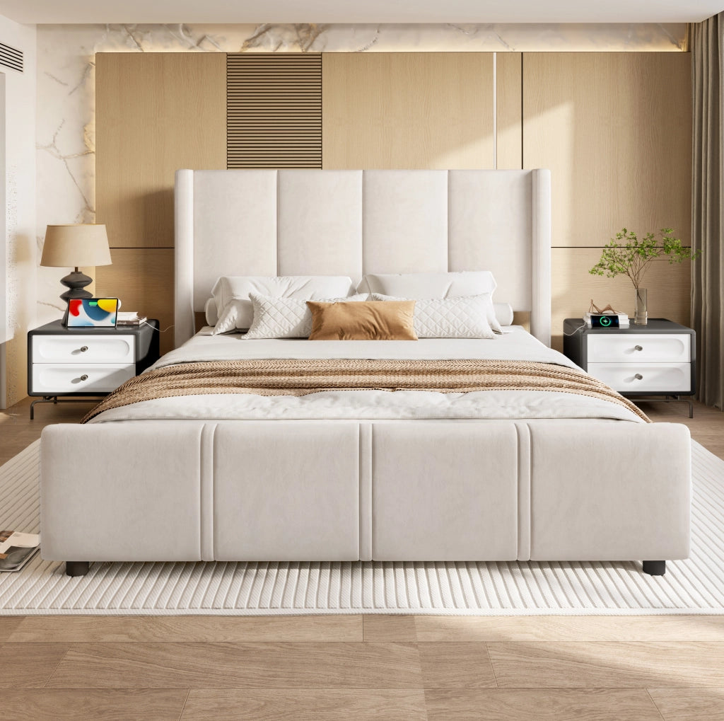 Letto matrimoniale 140x200 cm in velluto beige con USB/Type-C