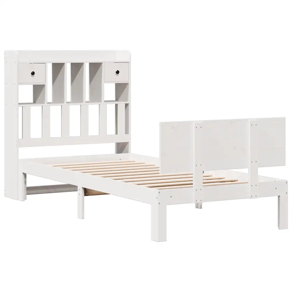 Letto Libreria senza Materasso-Struttura Letto con contenitore Bianco 90x190 cm Massello Pino 740493