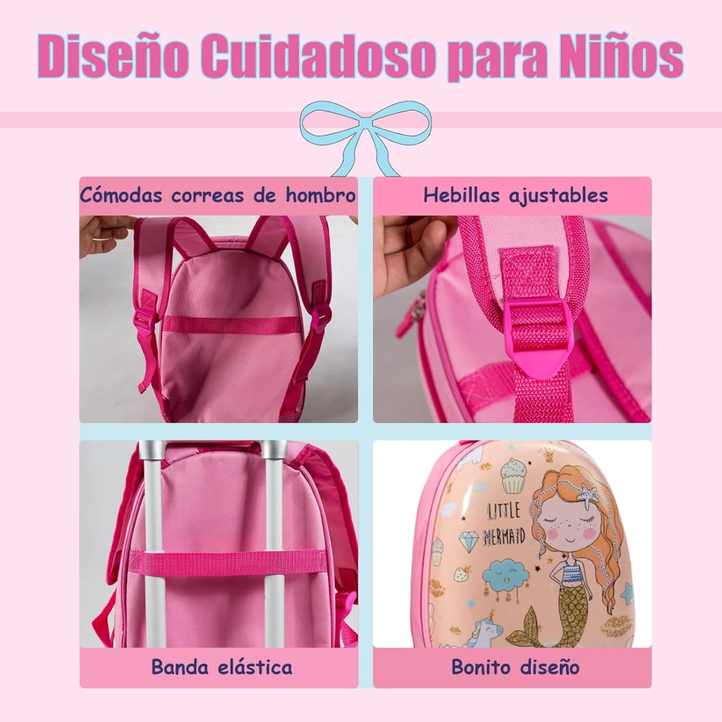 Set di Valigia 18’’ + Zaino 12’’ per Bambini 2 Pezzi, Bagagli 2-in-1 con Zainetto da Viaggio Aereo, Trolley con Maniglia Telescopica e 4 Ruote a 360° (Rosa Sirena)