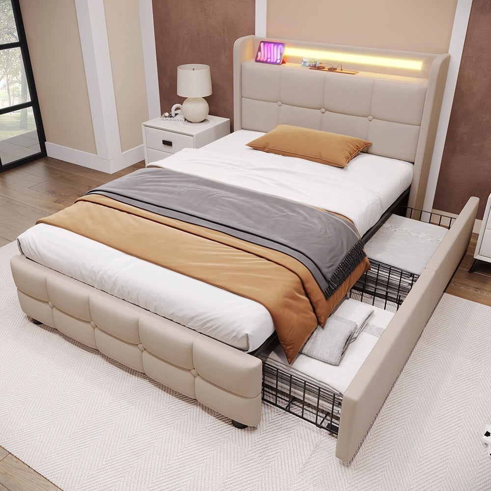Letto imbottito con USB - Xylo - 90x200cm - Beige - Testiera LED, 2 cassetti