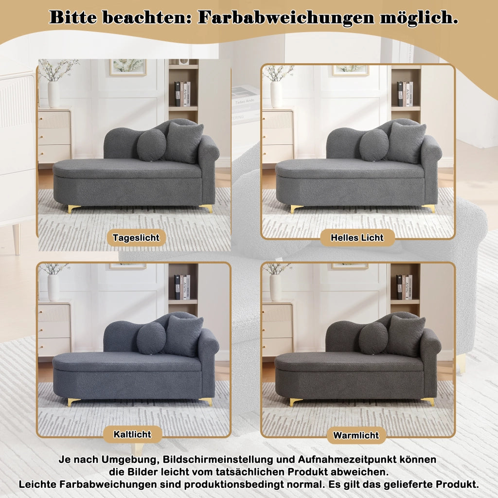 Chaise longue con vano contenitore, schienale ondulato e cuscini, in tessuto effetto teddy e metallo grigio antico
