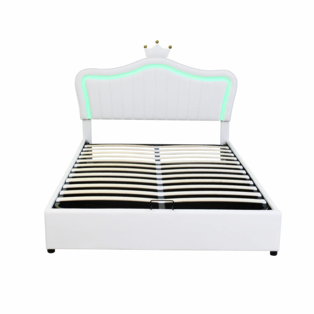 Letto imbottito per bambini 140x200 cm con contenitore; LED e testiera a conchiglia in PU bianco