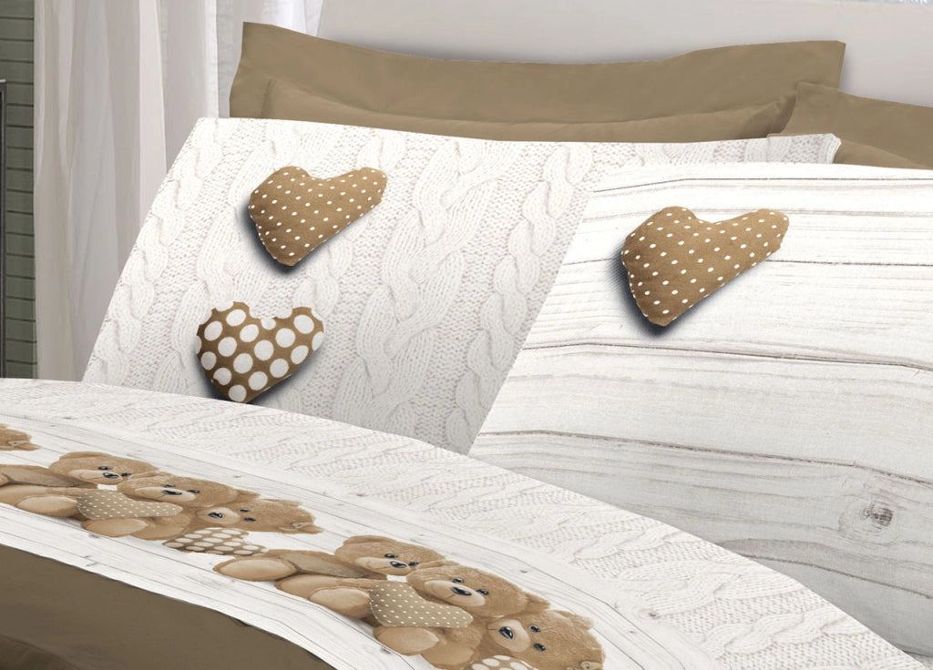 Completo Lenzuola Linea Pensieri Delicati 100% Cotone Disegno New Orsetti - Piazza E Mezza - Beige