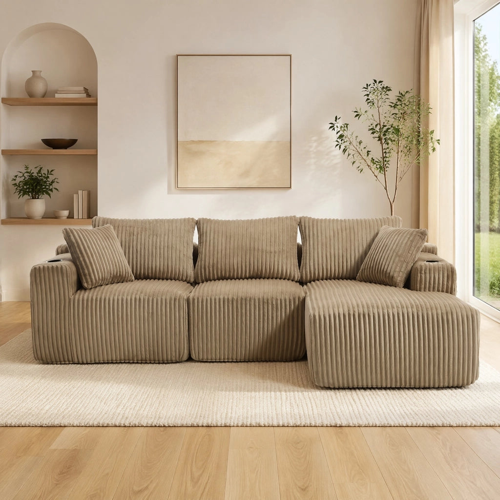 DIVANO Modulare con Chaise Longue e 2 Posti 257x160x62 cm Corda Kaki