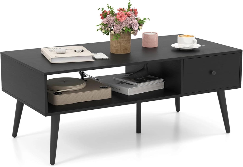 Tavolino da salotto in stile industriale, stile vintage, tavolino da caffè con 1 cassetto e 1 spazio aperto, per TV, con 4 gambe di pino, 109 x 55 x 44,5 cm (antracite)