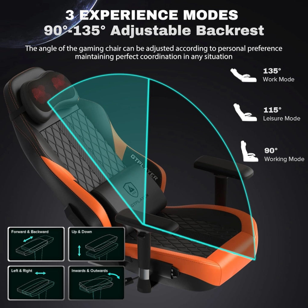 Sedia da gioco con massaggio, con cuscino a molle insacchettate, poggiapiedi, ergonomica, da gaming, braccioli 4D, sedia da PC, schienale allargato, portata 150 kg，arancia