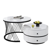 TAVOLINO da caffè set da 2 rotondi effetto marmo bianco MDF con 2 cassetti
