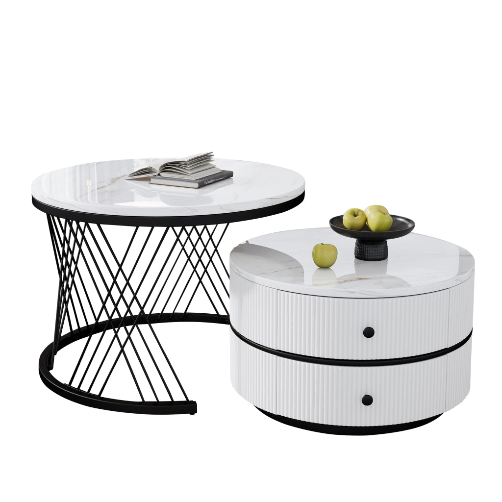 TAVOLINO da caffè set da 2 rotondi effetto marmo bianco MDF con 2 cassetti