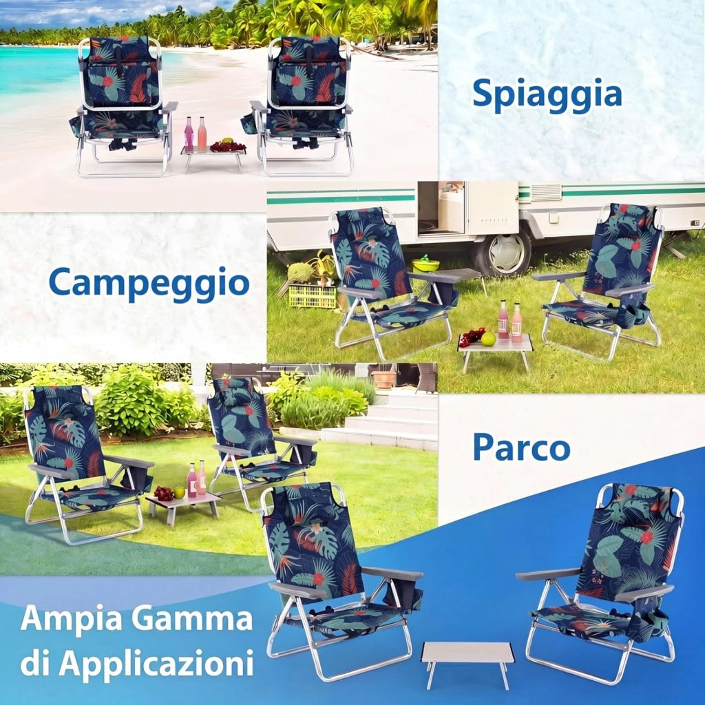 Set di 2 Sedie e Tavolino da Spiaggia Pieghevole, Schienale Regolabile a 5 Livelli, con Portatesta, Borsa Portaoggetti, Borsa Termica, per Campeggio Picnic Esterno (Fogliame, Modello 2)
