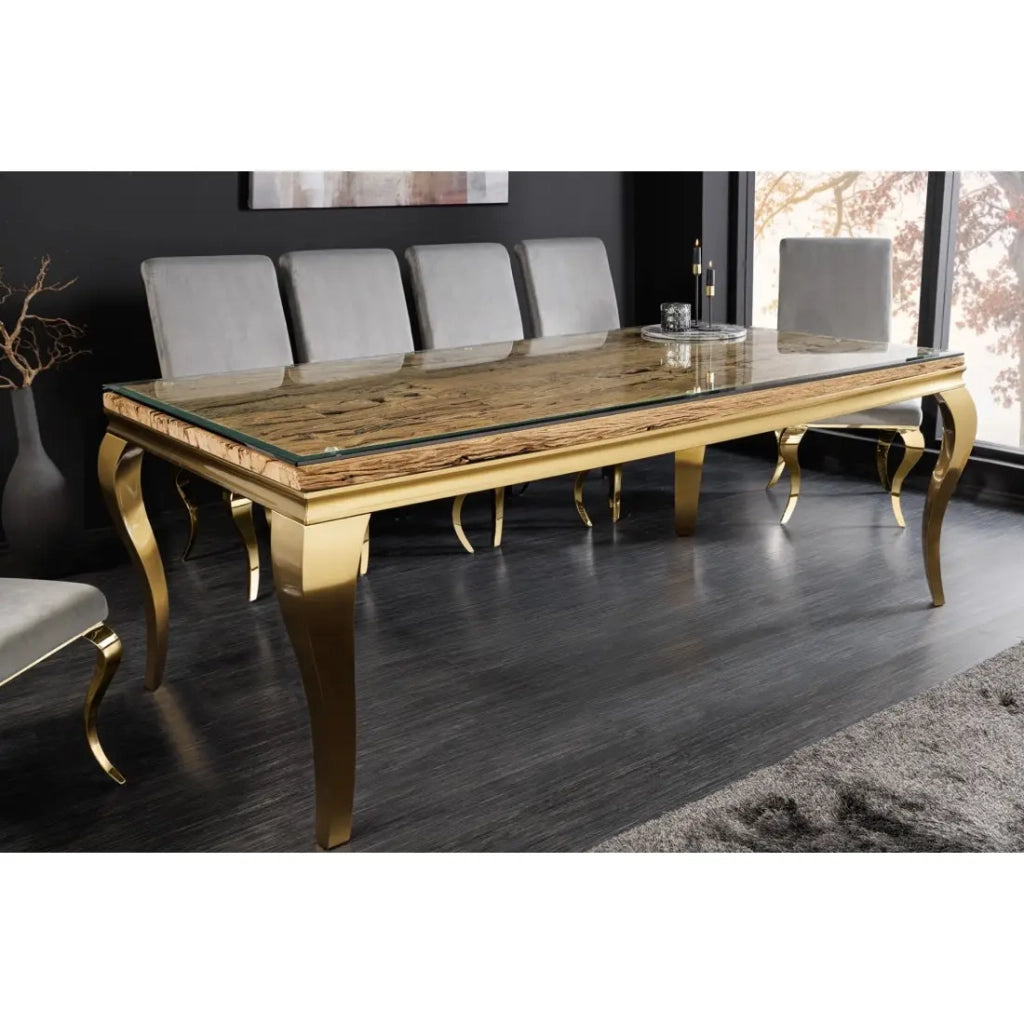 Table de salle à manger VELENA – Rectangulaire 200 cm – Bois de teck, verre et acier doré – Style baroque chic Tavolo da pranzo VELENA – Rettangolare 200 cm – Legno di teak, vetro e acciaio dorato – Stile barocco chic