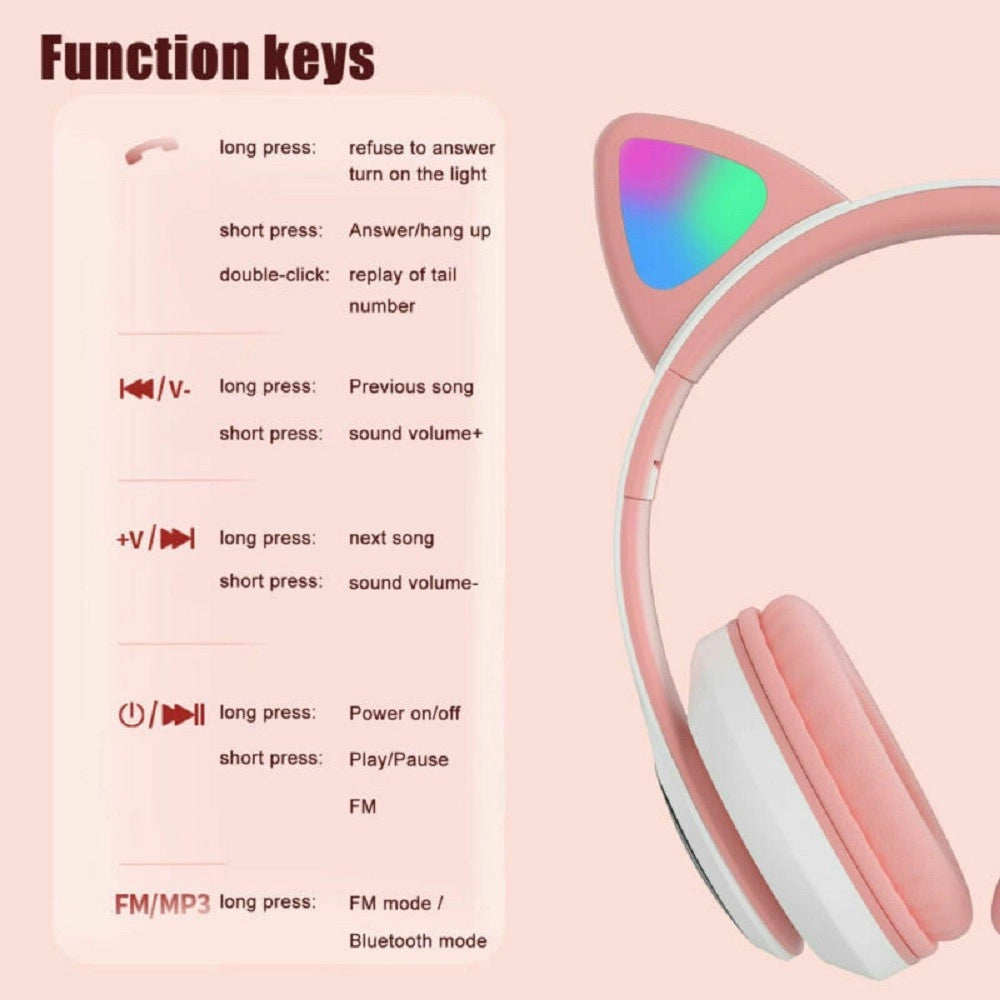Trade Shop - Cuffie Auricolari Q-em3 Wireless Bluetooth Filo Orecchio Di Gatto Led Microfono -