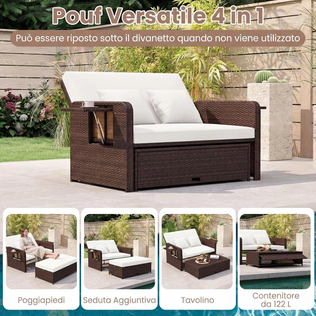 Lettino Prendisole in Rattan, Set 2 Pezzi con Divanetto & Pouf Contenitore, Schienale Regolabile a 4 Livelli e Tavolini Laterali Pieghevoli, Sdraio Doppia per Giardino e Piscina (Bianco)