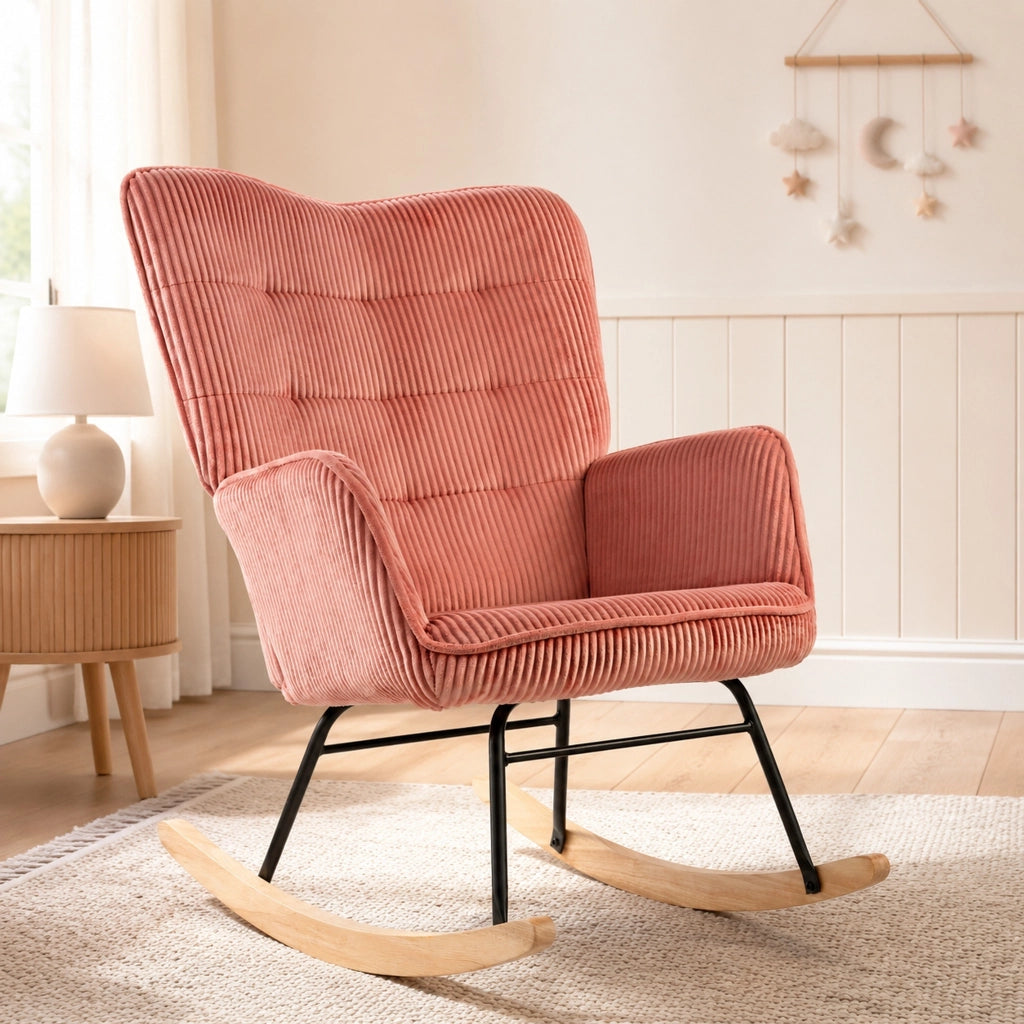 Poltrona a dondolo 98x71x101 cm con schienale trapuntato; braccioli; poliestere rosa