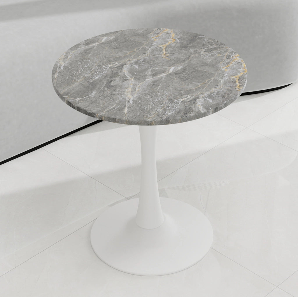 Tavolino rotondo ULEVR in marmo artificiale bianco anticato e grigio, design moderno minimalista