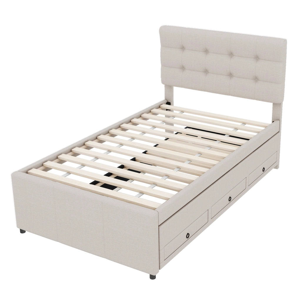 OKWISH Letto con Cassetti 90×200 cm, Letto Singolo con Letto estraibile, 3 Cassetti e Testiera Regolabile, senza Materasso, Beige