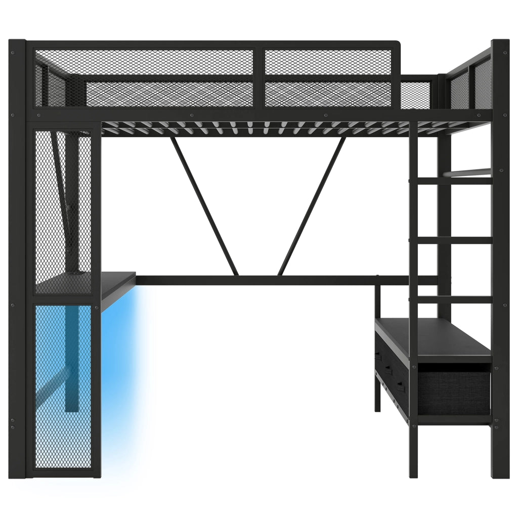 LETTO a soppalco 140x200 cm in metallo nero con scrivania, LED e 3 cassetti