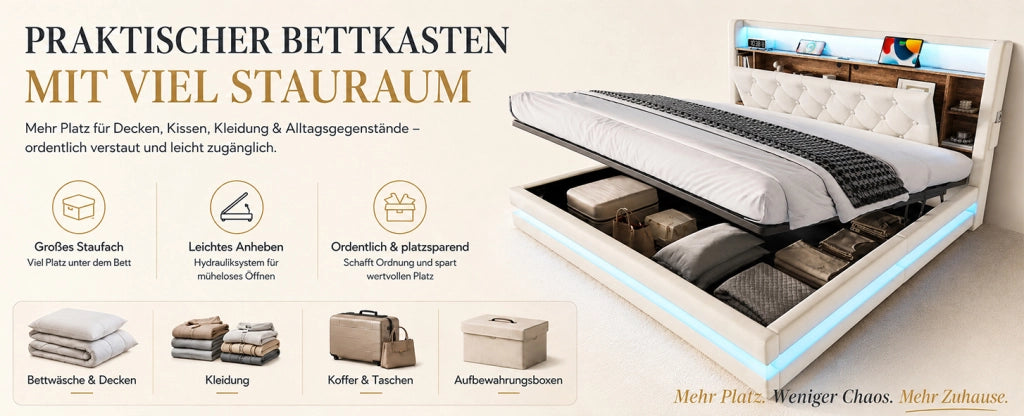 Letto contenitore imbottito 180x200 cm in velluto beige con testiera multifunzionale, LED, USB e tipo C