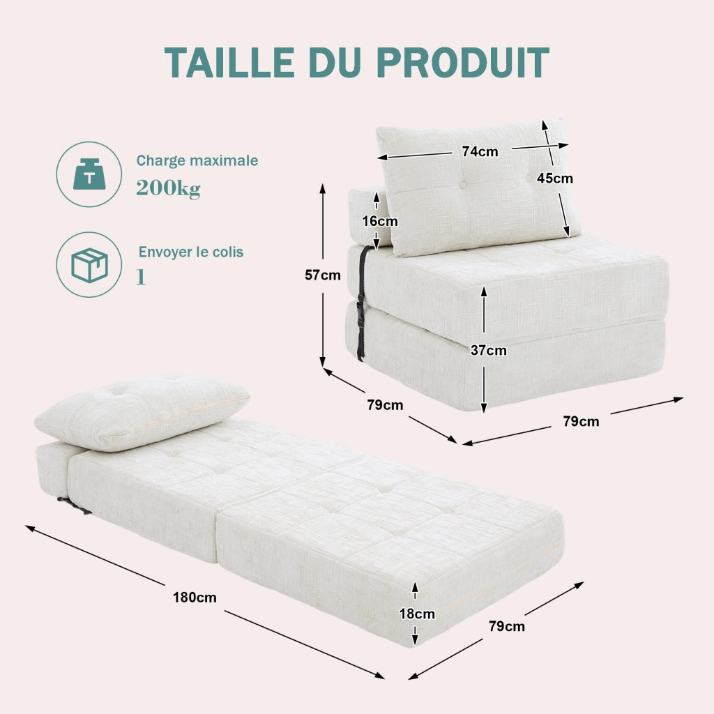 Divano Letto Pieghevole 1 Posto con Cuscini Testa e Lombare; Schienale Comfort da Pavimento; in Ciniglia Beige