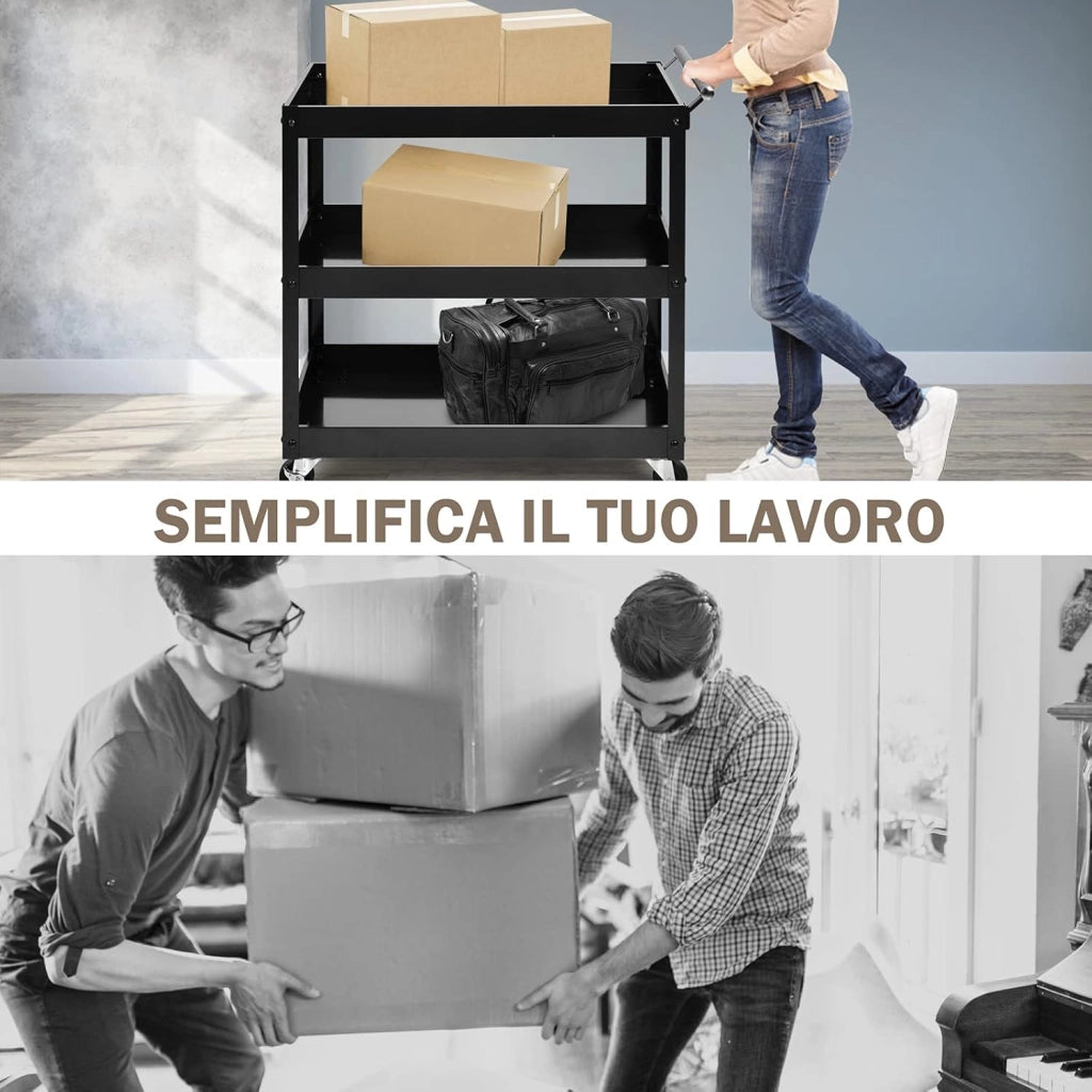 Carrello da Cucina con 3 Livelli, Carrellino Multifunzionale con Ruote Flessibili, Carrello di Servizio Resistente con Maniglia Comoda, Ideale per Ufficio Garage Magazzino Biblioteca (Nero)