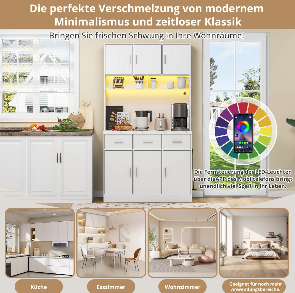 Credenza da cucina con LED, prese USB, cassetti e ripiani regolabili