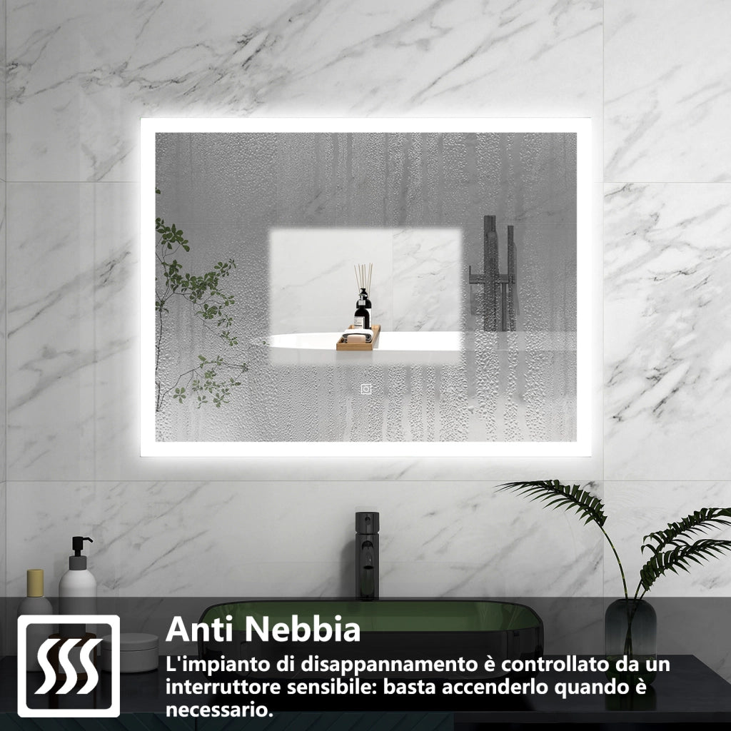 AICA Specchio 60x50cm,3 colori,Memoria, Antifog,Regorabile,Retroilluminato,doppio interruttore
