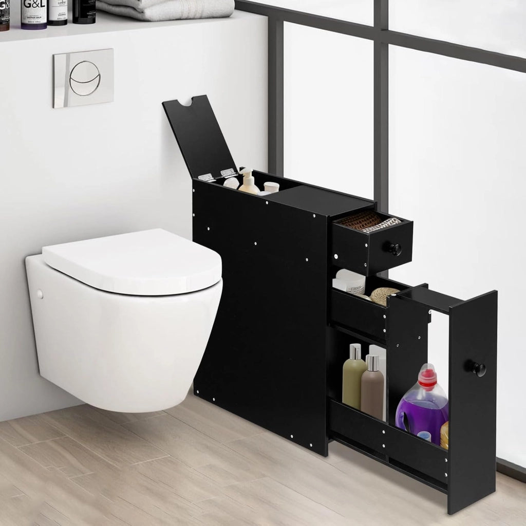 Armadio da bagno stretto, mobile con 2 cassetti, scaffale laterale, salvaspazio, colonna da bagno, armadio da pavimento, per cucina, ufficio, 48 x 16 x 58 cm (nero)