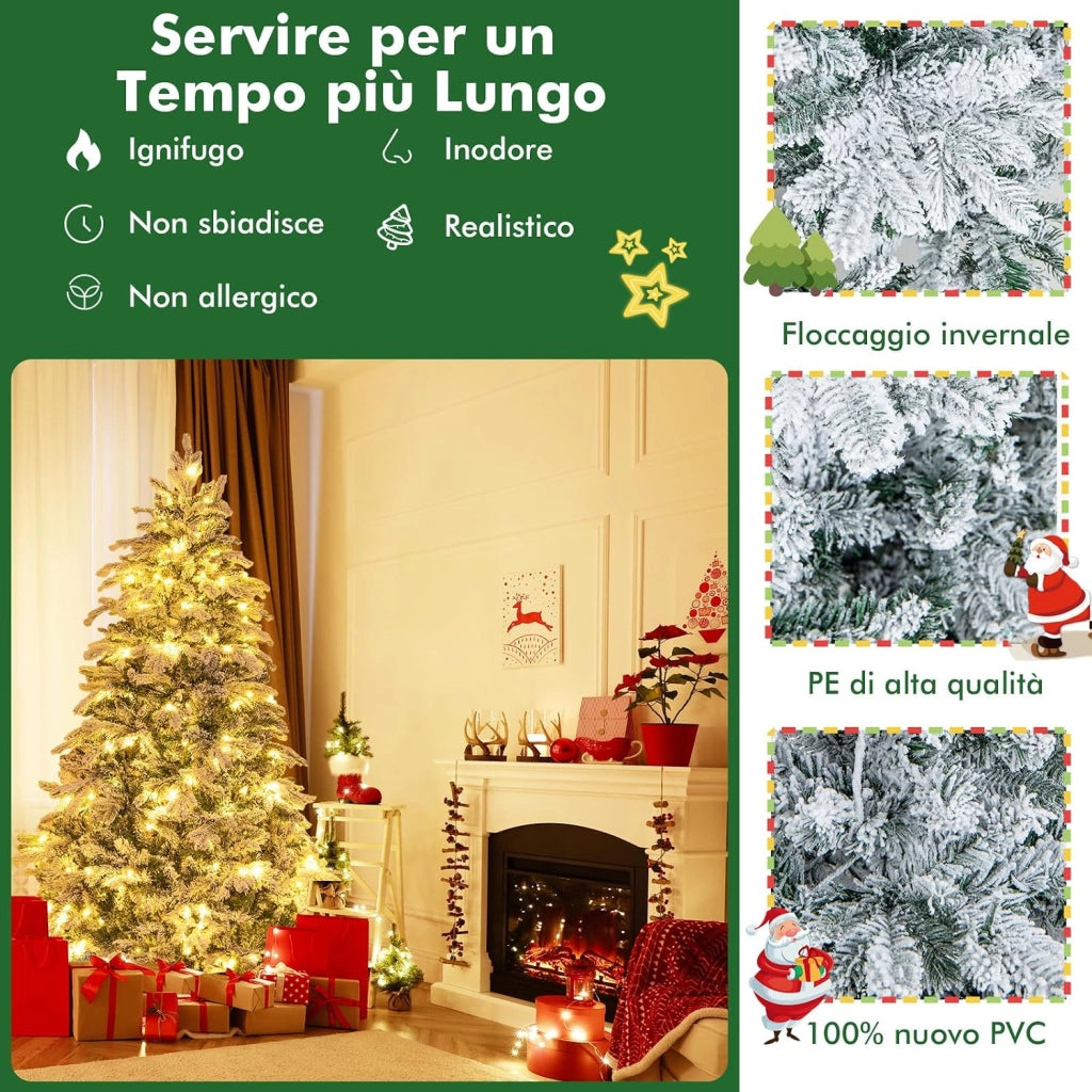 Albero di Natale Innevato 135/180/210 CM, Albero di Natale Artificiale Pre-Illuminato con 120/260/300 Luci LED, 757/1415/1684 Punte e Giunti a Cerniera (180 cm)