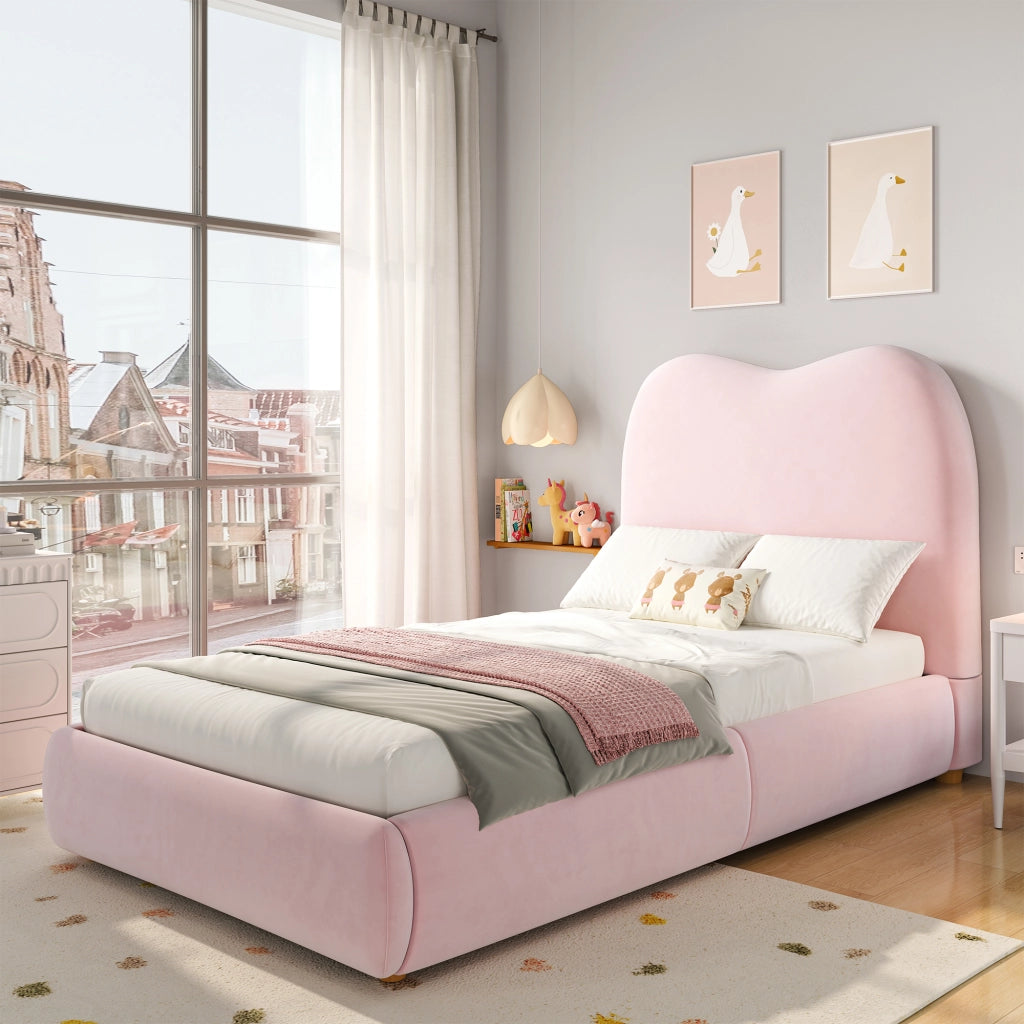 OKWISH Letto contenitore 90×200 cm, Letto Singolo con Contenitore, Testiera Imbottita e Rete a Doghe, senza Materasso, Velluto, Rosa