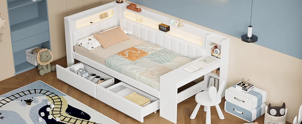 Divano letto 90x200 bianco, letto singolo imbottito con scrivania, prese USB e 2 cassetti