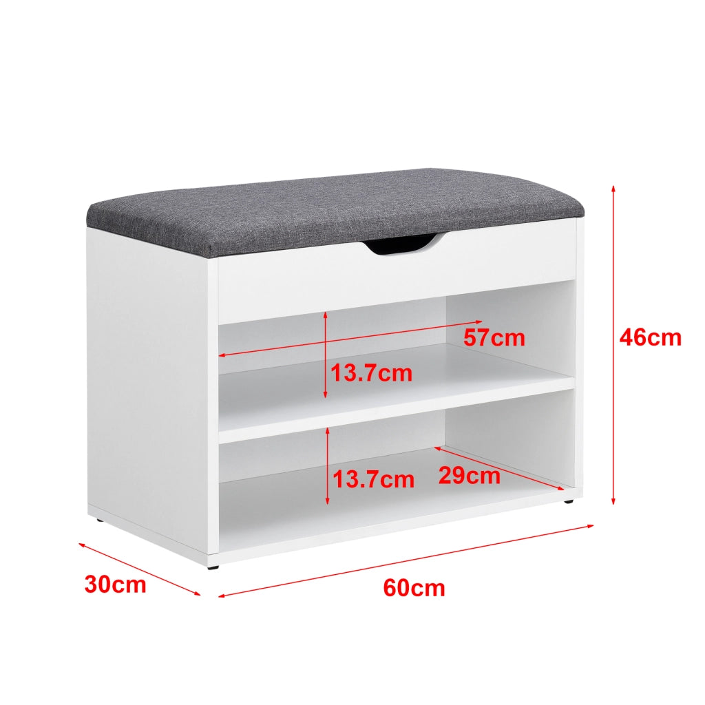 Panchina Portascarpe con Seduta Apribile (AxLaxP) 46 x 60 x 30 cm Panca da Ingresso/Corridoio Mobiletto con Seduta Imbottita, Contenitore e 2 Ripiani - Bianco/Grigio