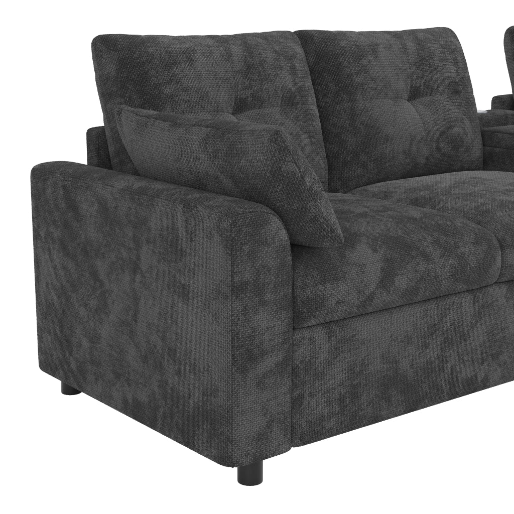 DIVANO angolare modulare 316x140 cm chenille grigio con 2 pouf contenitore e USB