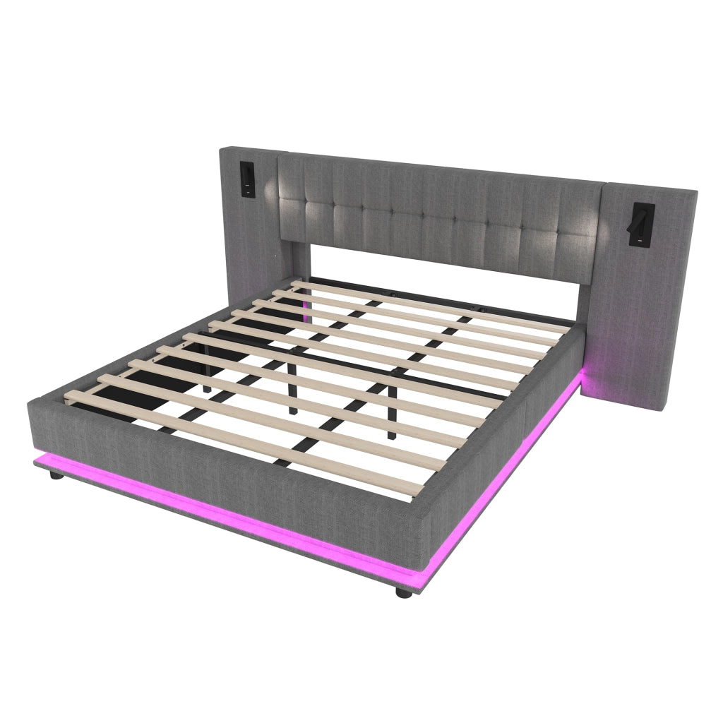Letto matrimoniale imbottito 180x200 in lino grigio con LED; USB e faretto