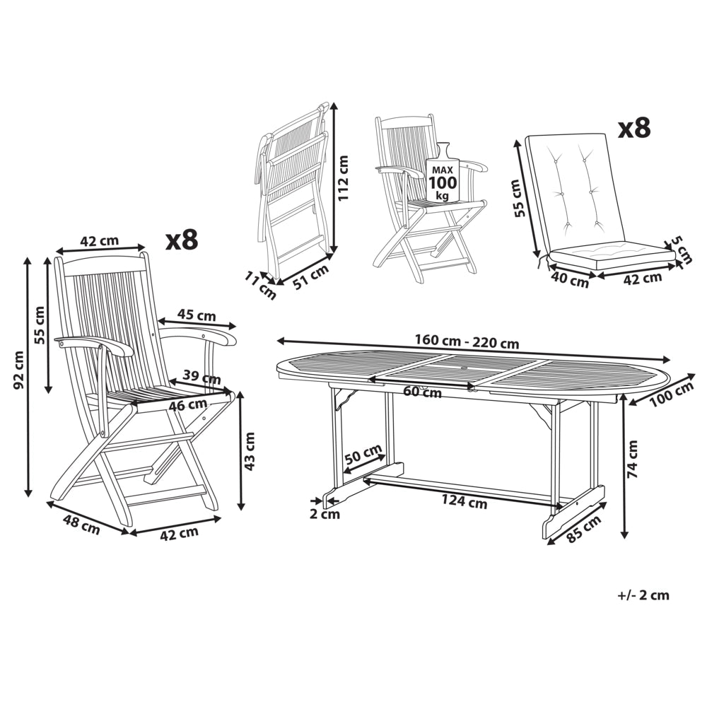Set da pranzo da giardino con tavolo ovale sedie pieghevoli con cuscini grigio chiaro a 8 posti Maui design rustico