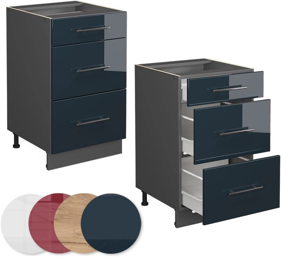 Mobiletto base per cucina Fame-Line, Blu scuro lucido, 50 cm, PL Rovere, per la combinazione con altri moduli della serie Fame-Line